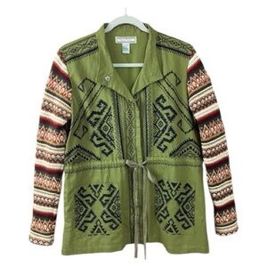 Flying Tomato Aztec Print Jacket Olive with Stripe Sweater Sleeve Size Large